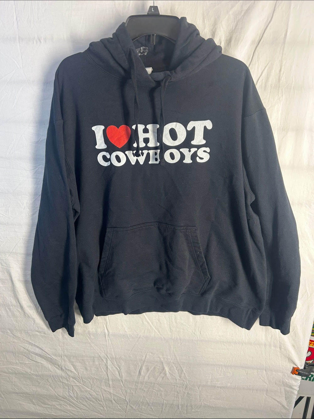 Port and Company Black Hoodie with Red Heart 'I ♥ Hot Cowboys' Graphic
